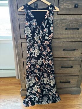 Sleeveless Black Floral Wrap Maxi High-Low Dress with Pink & White Blooms